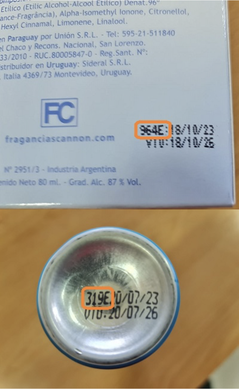 Ejemplos del número de lote resaltado en el costado del estuche y en la base del envase